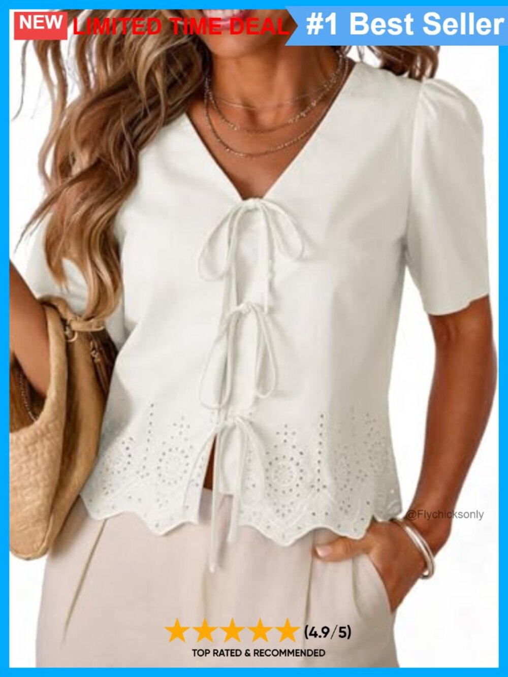 Dokotoo Womens V-Neck Tie Front Puff Short Sleeve Crop Top Blouse